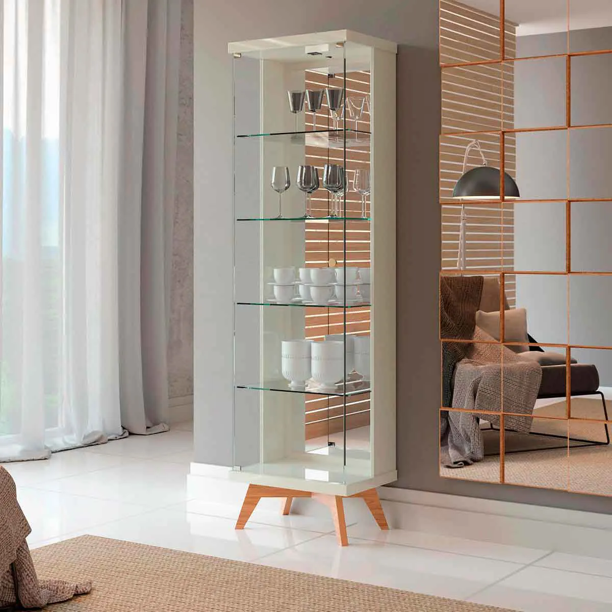 Cristaleira Retrô 53cm com Led Porta em Vidro e 4 Prateleiras 100%MDF