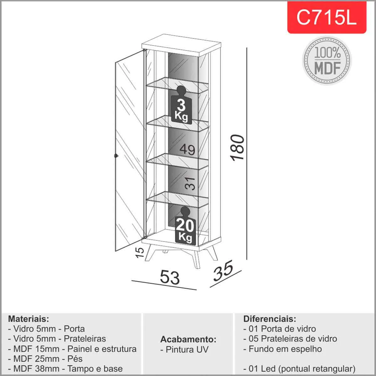 Cristaleira Retrô 53cm com Led Porta em Vidro e 4 Prateleiras 100%MDF