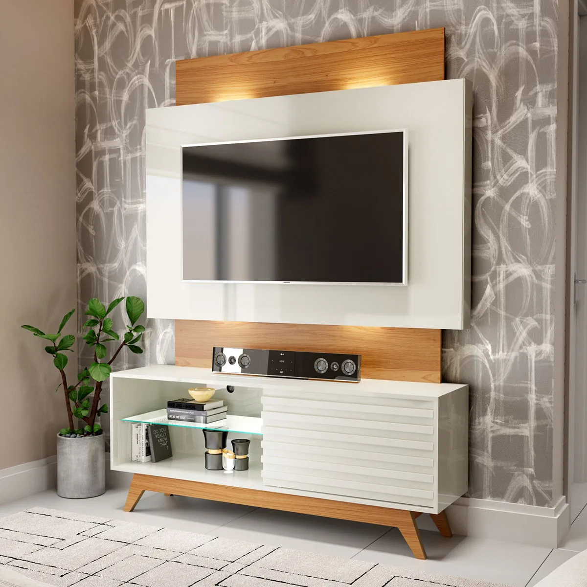 Painel com Rack 1,40m com Led e 1 Porta de Correr 100% MDF